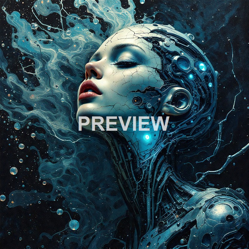 A futuristic, cybernetic woman with a cracked, metallic face and glowing blue accents, surrounded by swirling digital and organic patterns.